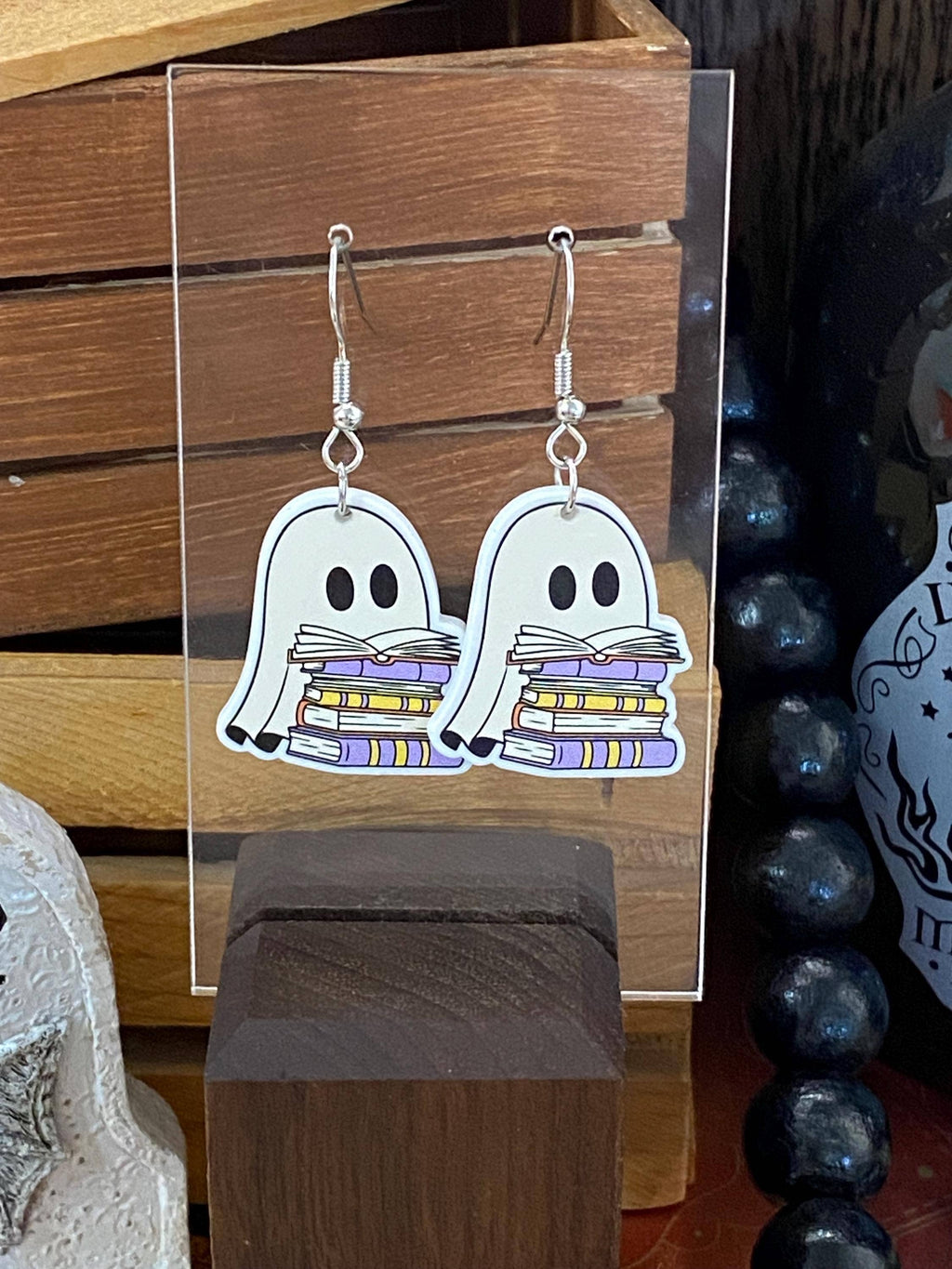 Ghost and Book Themed Halloween Reading Earrings