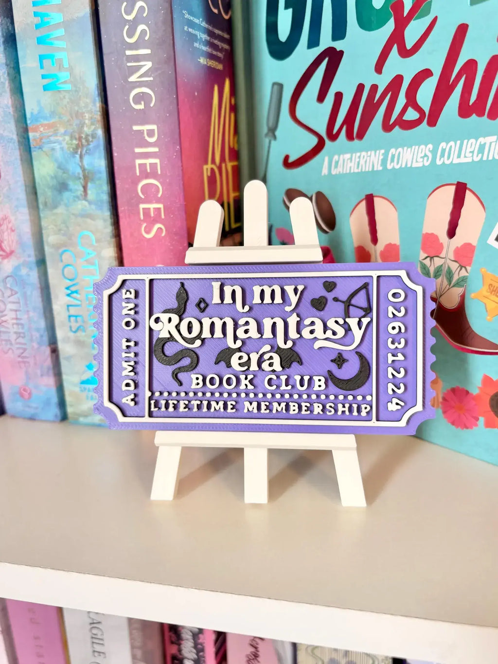 Romantasy book Club Sign | Ticket Bookshelf Decor: Ticket & Easel