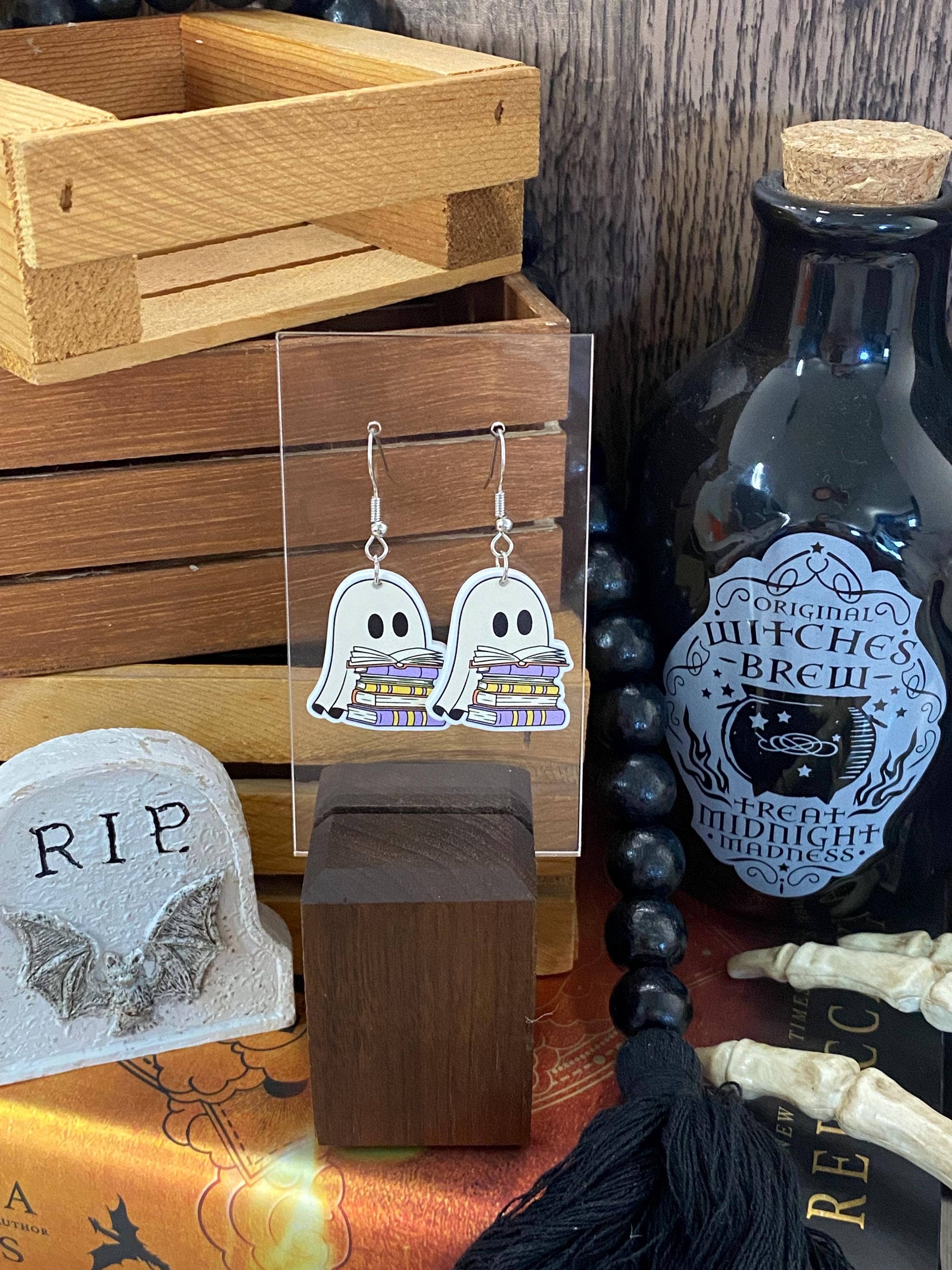 Ghost and Book Themed Halloween Reading Earrings