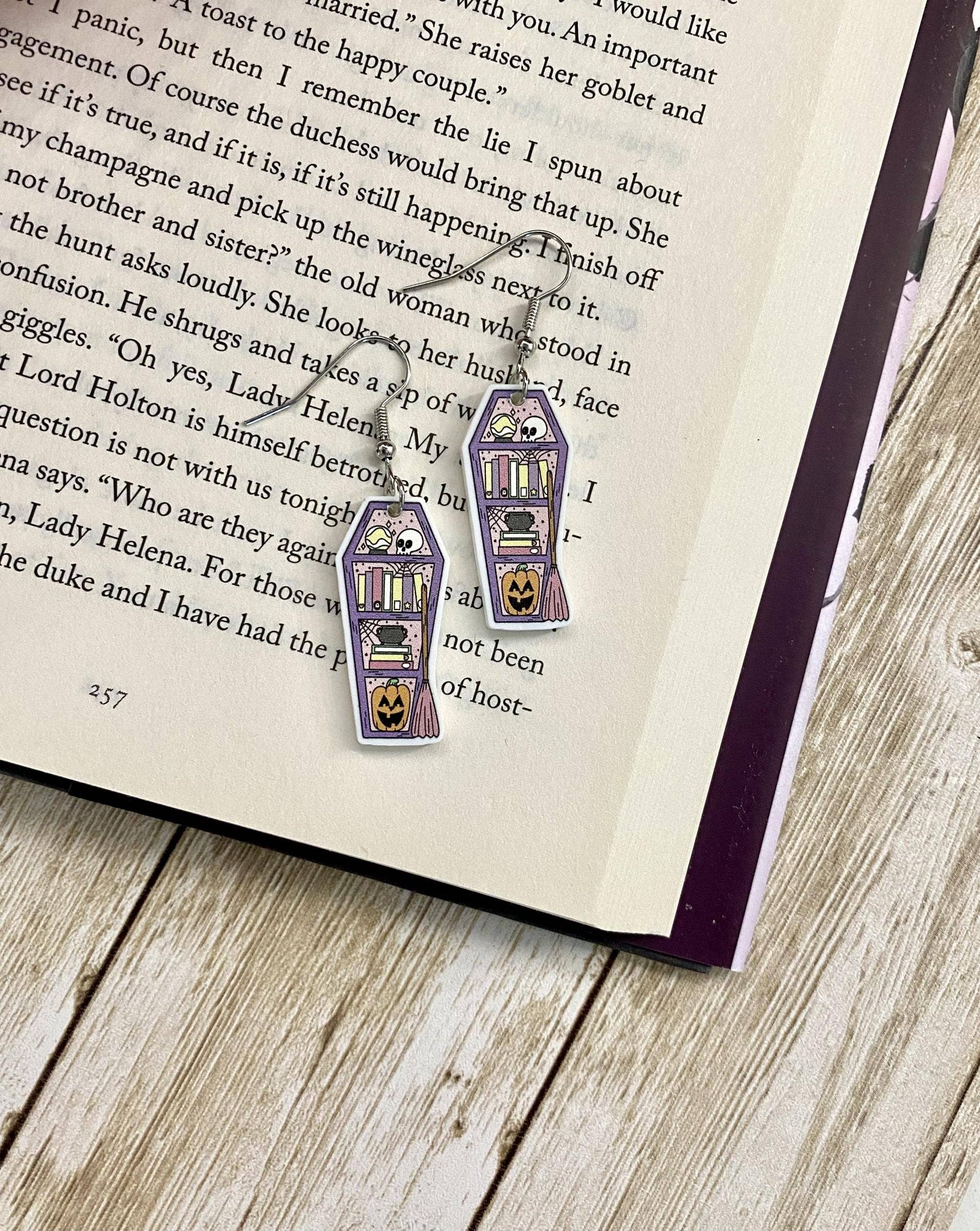 Halloween-Themed Book, Skull, Pumpkin, Coffin Earrings
