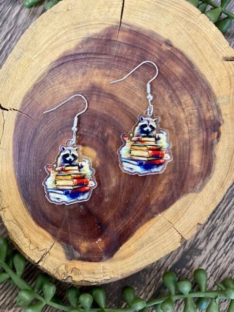 Raccoon Reading Book Earrings - Trash Panda Jewelry Gifts
