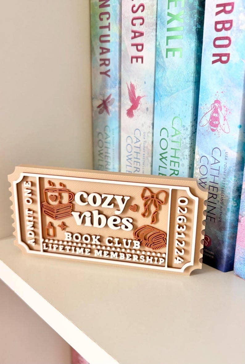 cozy vibes Book Club Ticket | Bookshelf Decor: Ticket & Easel