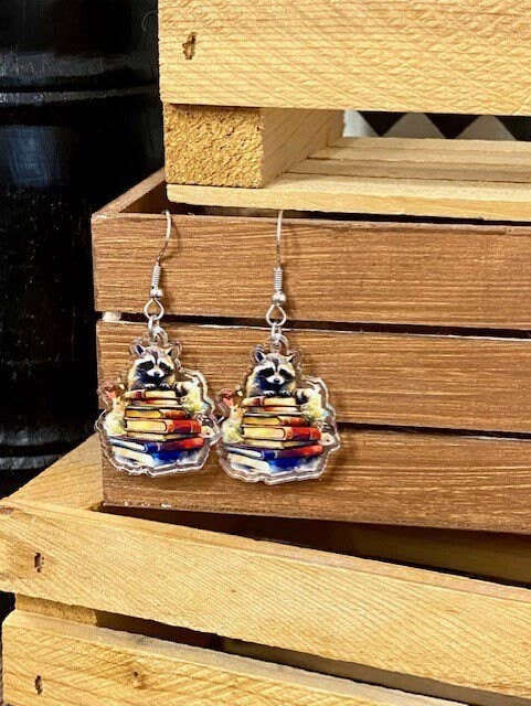 Raccoon Reading Book Earrings - Trash Panda Jewelry Gifts