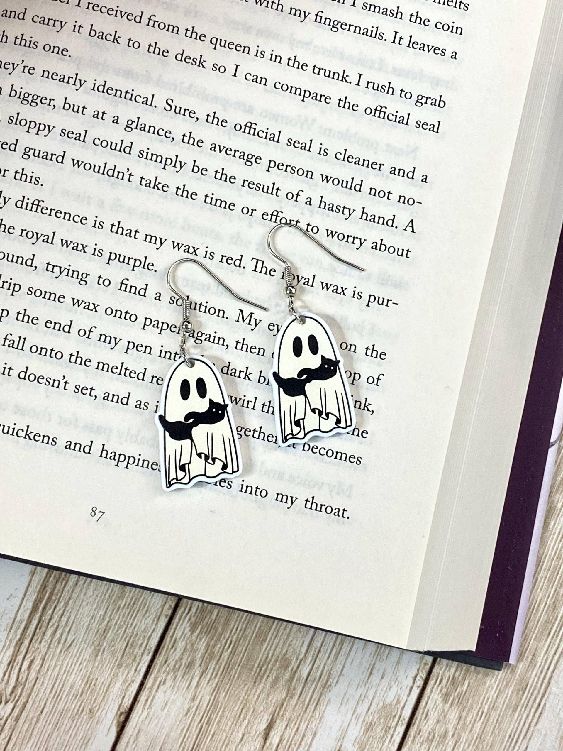 Halloween & Reading Themed Ghost and Cat Earrings #2