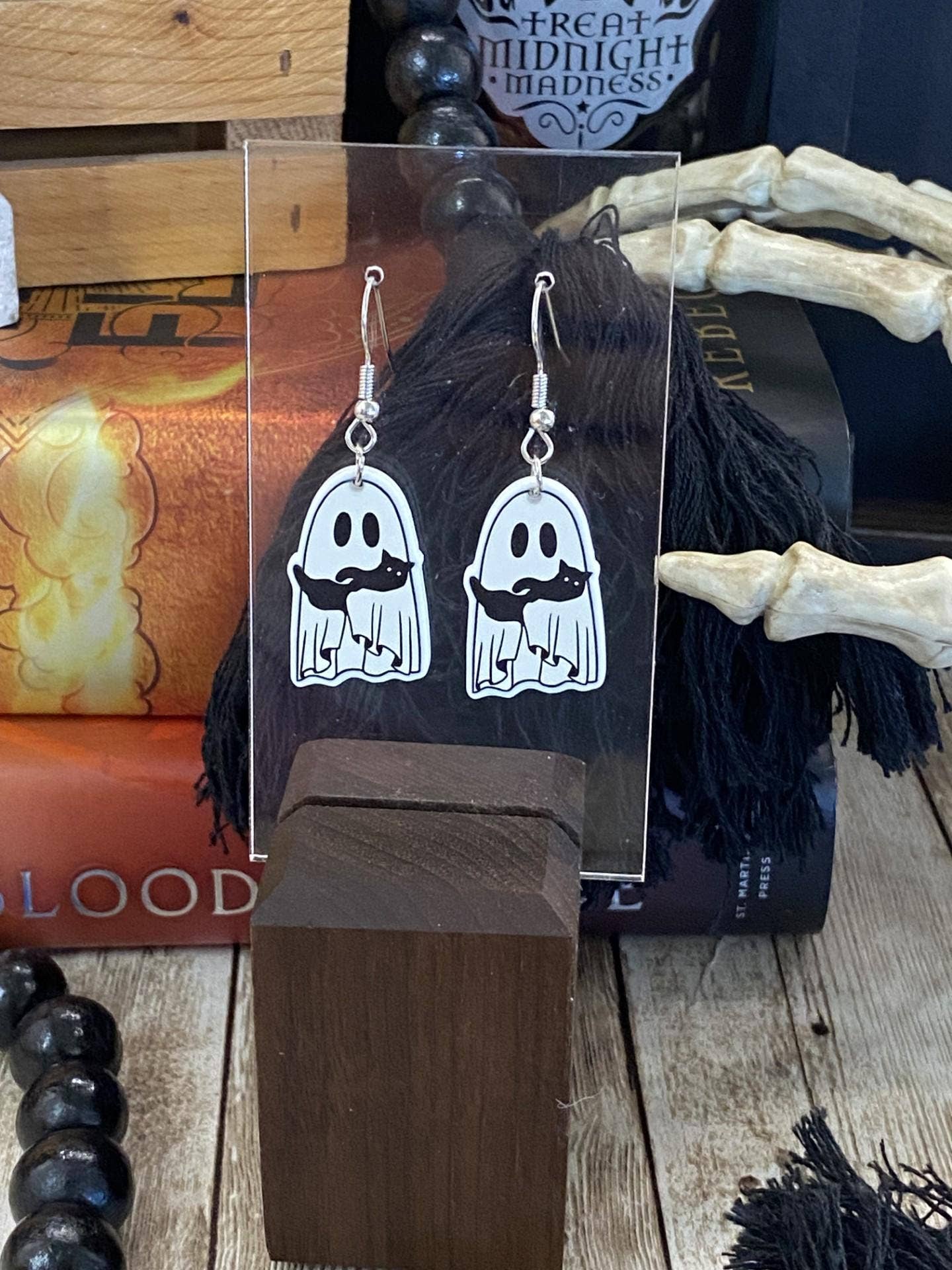 Halloween & Reading Themed Ghost and Cat Earrings #2