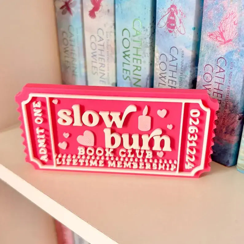 Slow Burn book Club Sign | Ticket Bookshelf Decor: Ticket & Easel