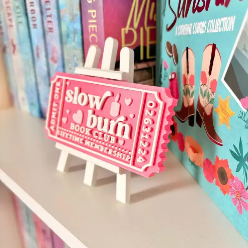 Slow Burn book Club Sign | Ticket Bookshelf Decor: Ticket & Easel