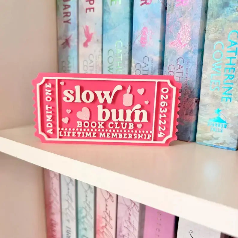 Slow Burn book Club Sign | Ticket Bookshelf Decor: Ticket & Easel