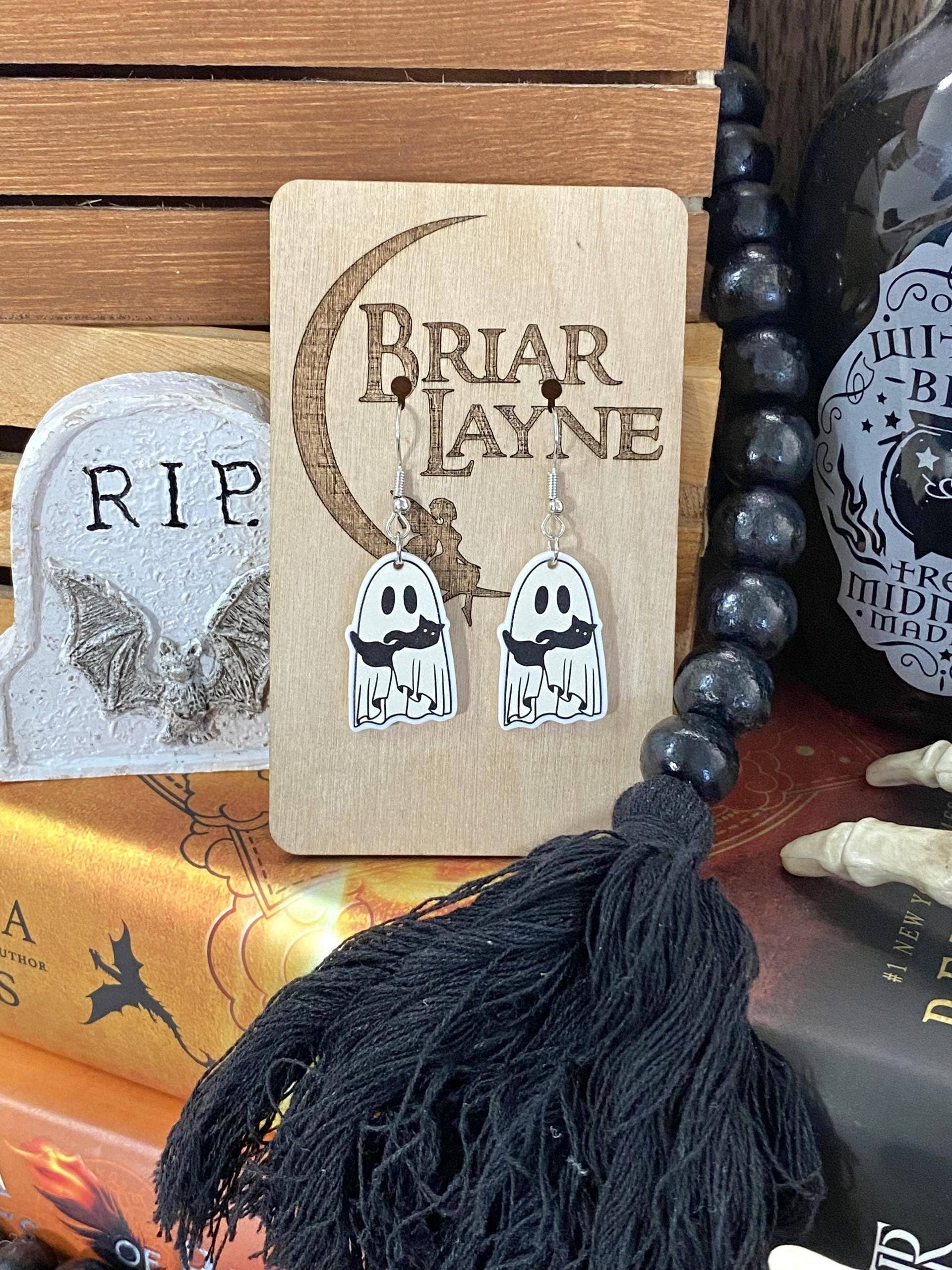 Halloween & Reading Themed Ghost and Cat Earrings #2