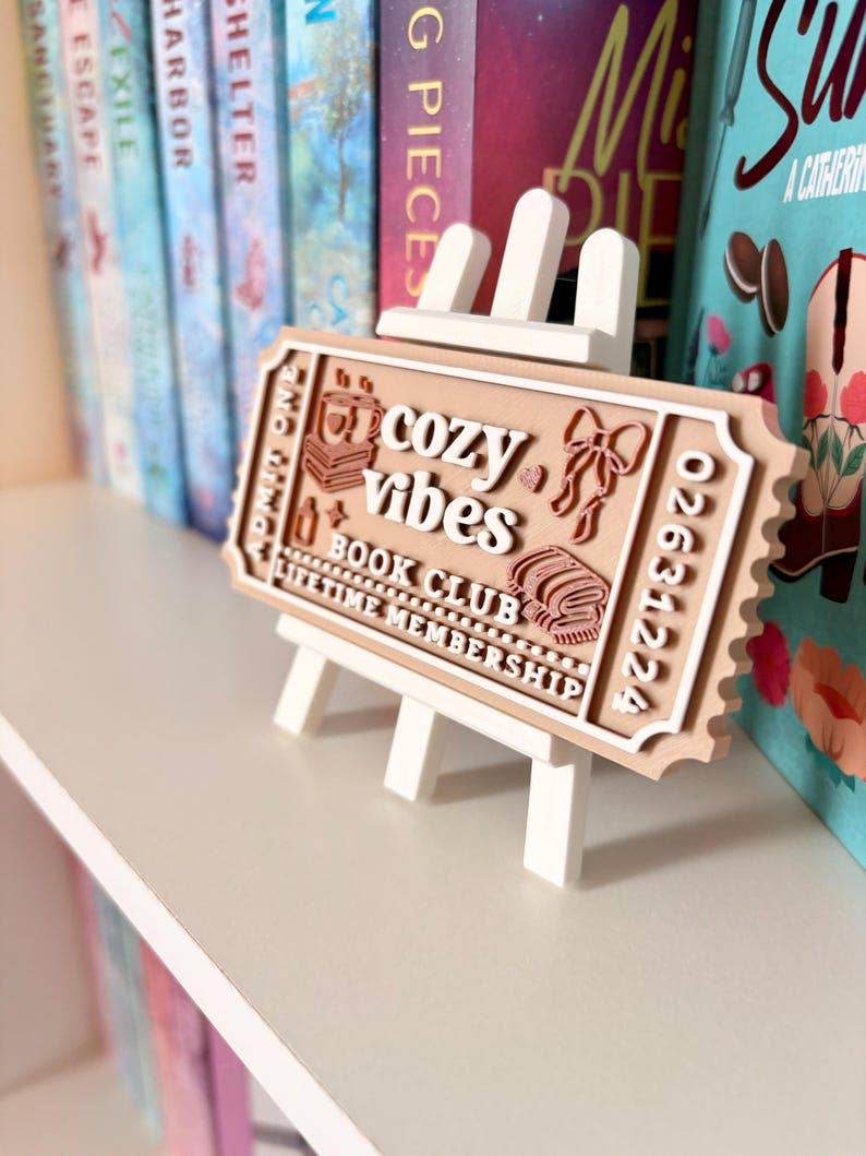 cozy vibes Book Club Ticket | Bookshelf Decor: Ticket & Easel