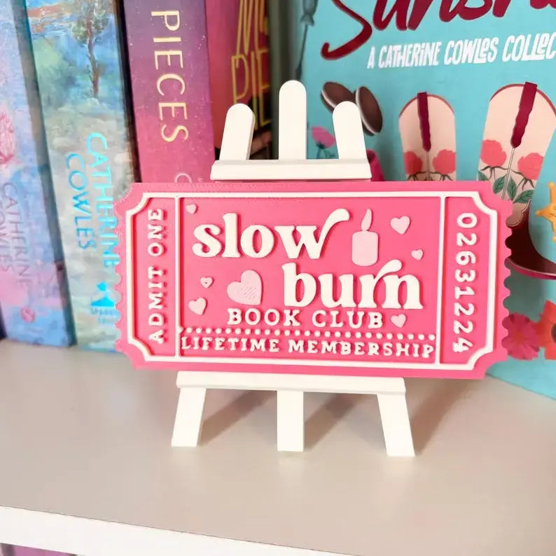 Slow Burn book Club Sign | Ticket Bookshelf Decor: Ticket & Easel