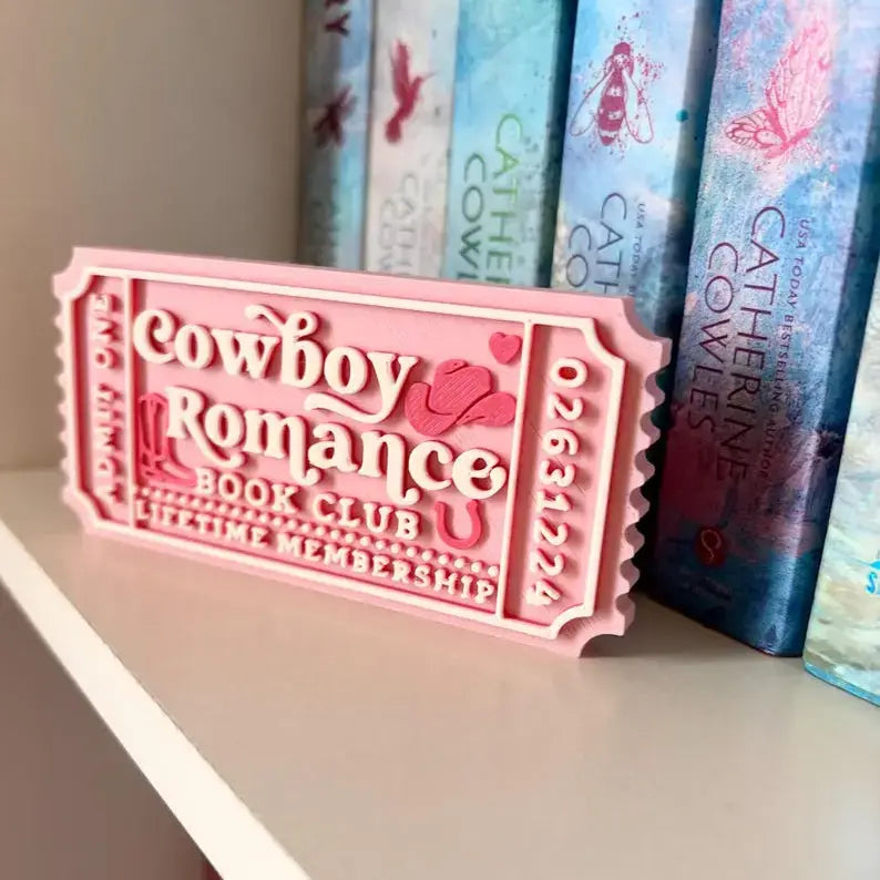 Cowboy Romance Book Club Sign | Ticket Bookshelf: Ticket & Easel