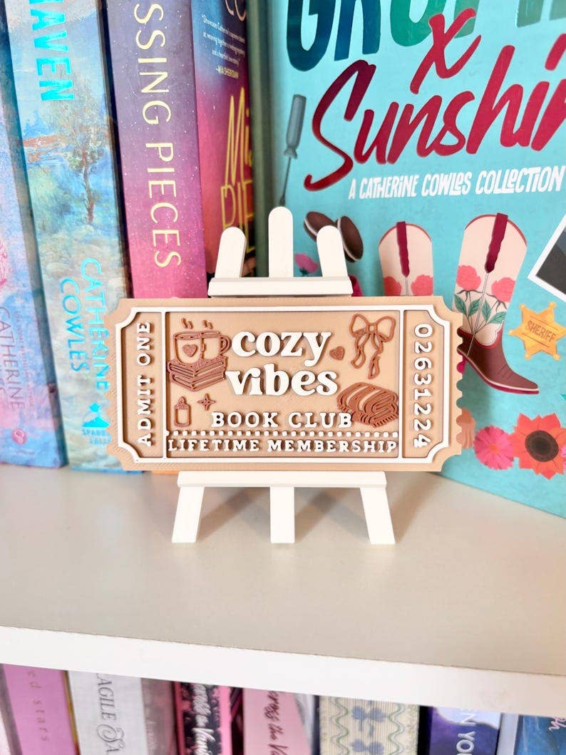cozy vibes Book Club Ticket | Bookshelf Decor: Ticket & Easel