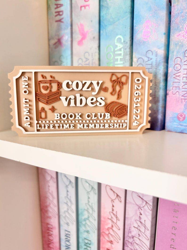 cozy vibes Book Club Ticket | Bookshelf Decor: Ticket & Easel