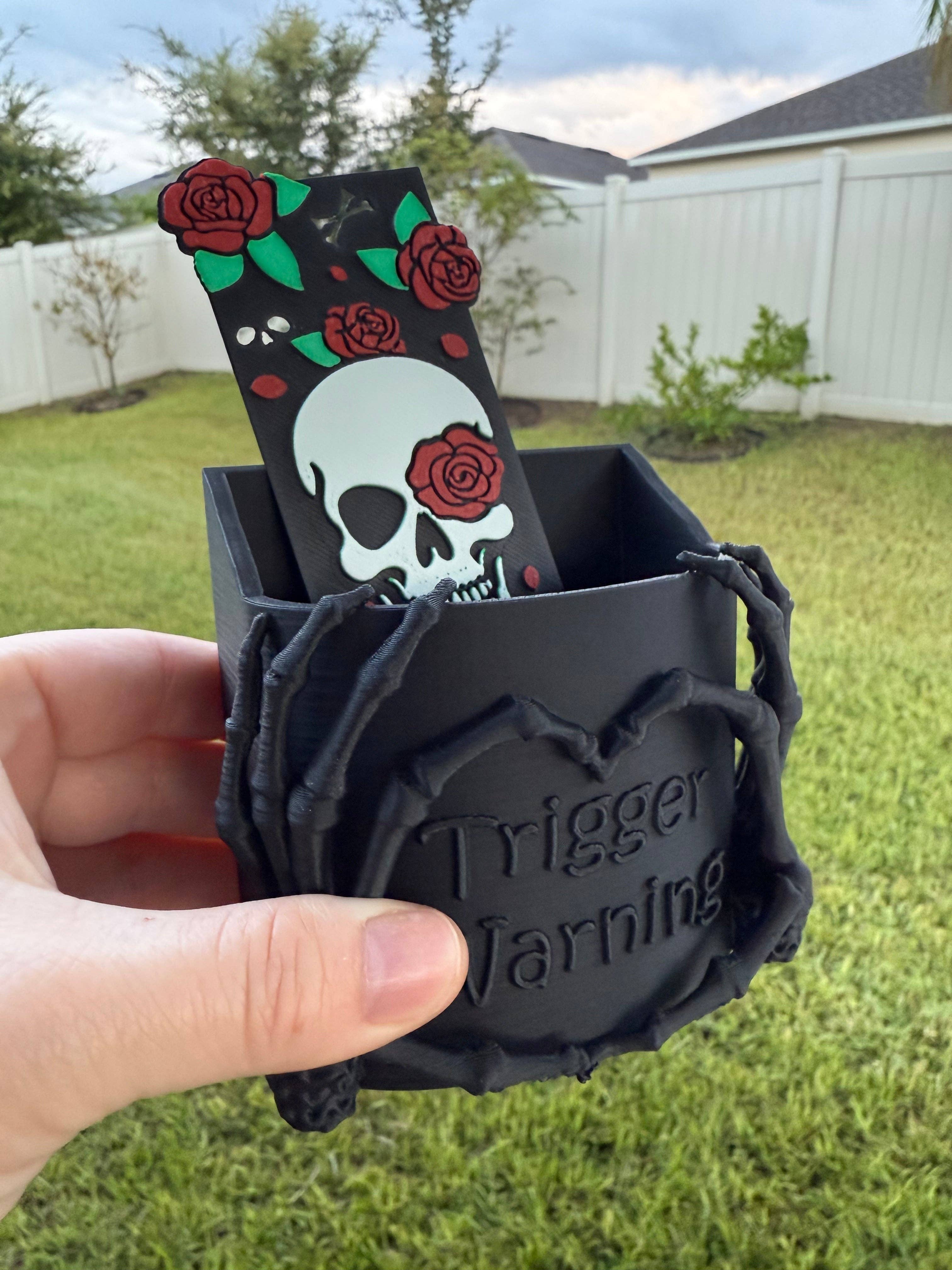Skeleton Hands Bookmark Holder | Bookshelf Decor: Matte Black with Pewter Finish / Trigger Warning