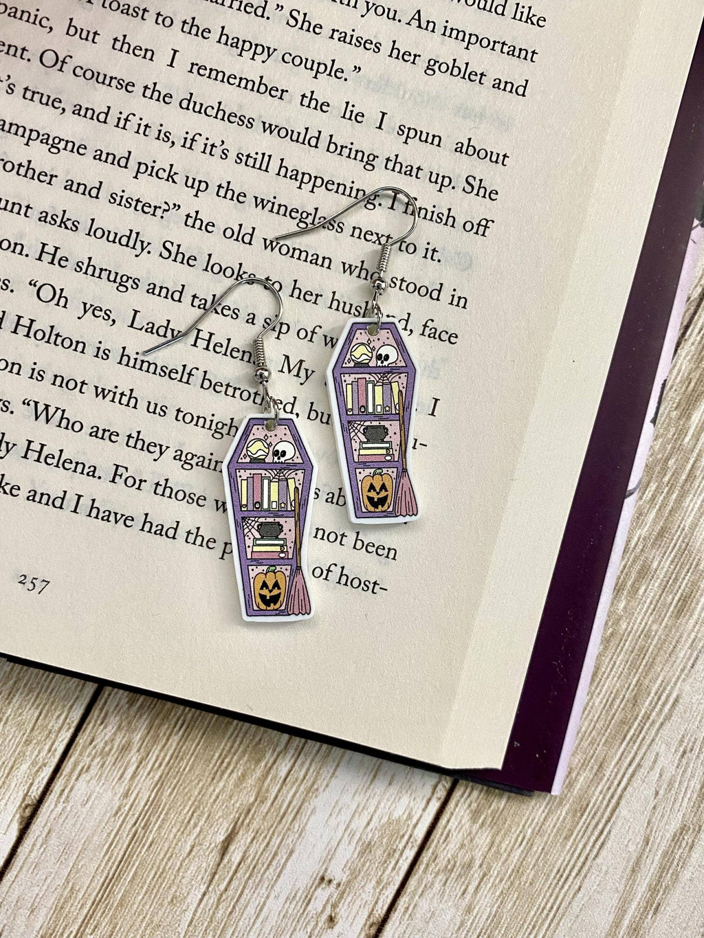 Halloween-Themed Book, Skull, Pumpkin, Coffin Earrings