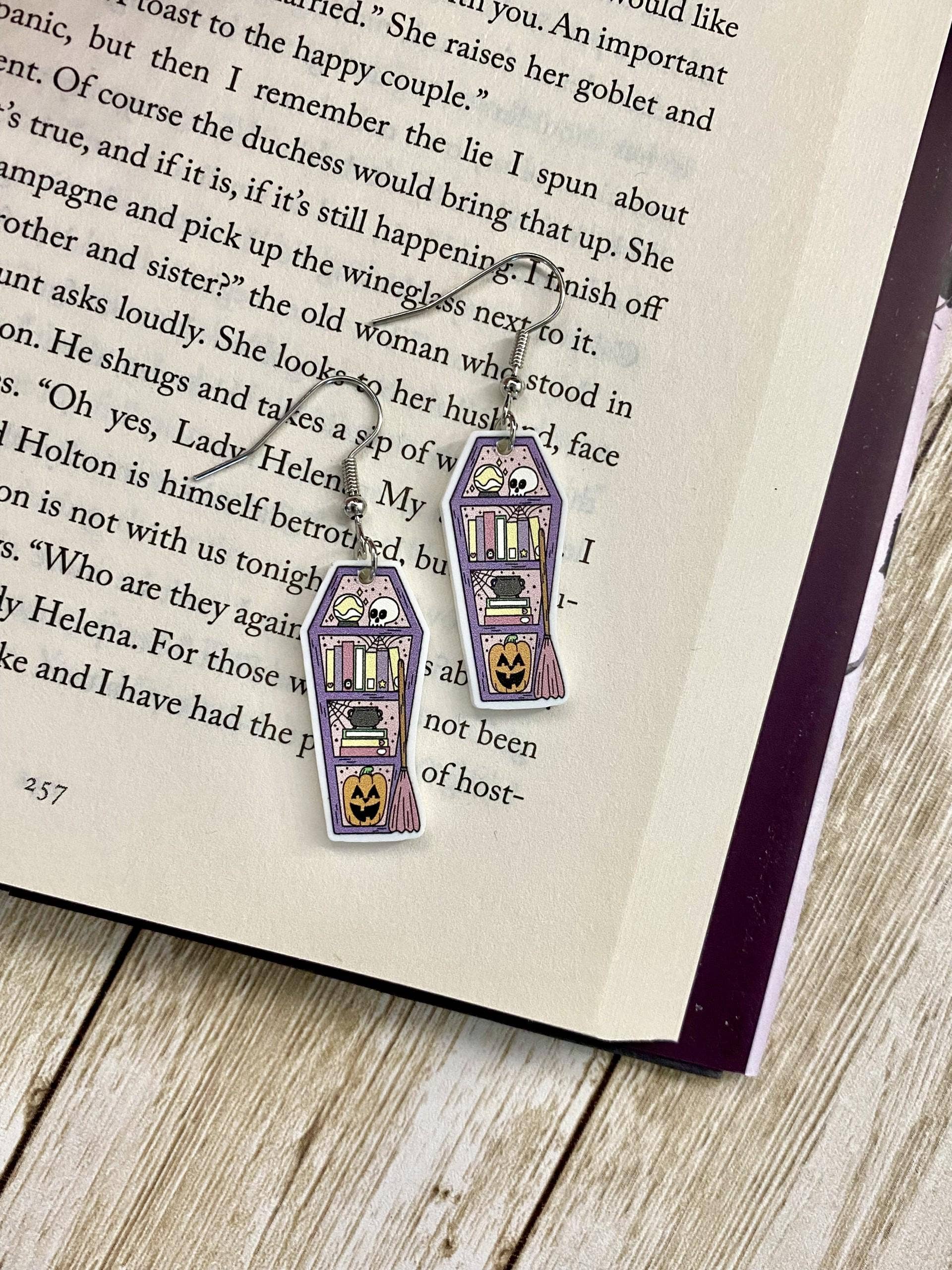 Halloween-Themed Book, Skull, Pumpkin, Coffin Earrings